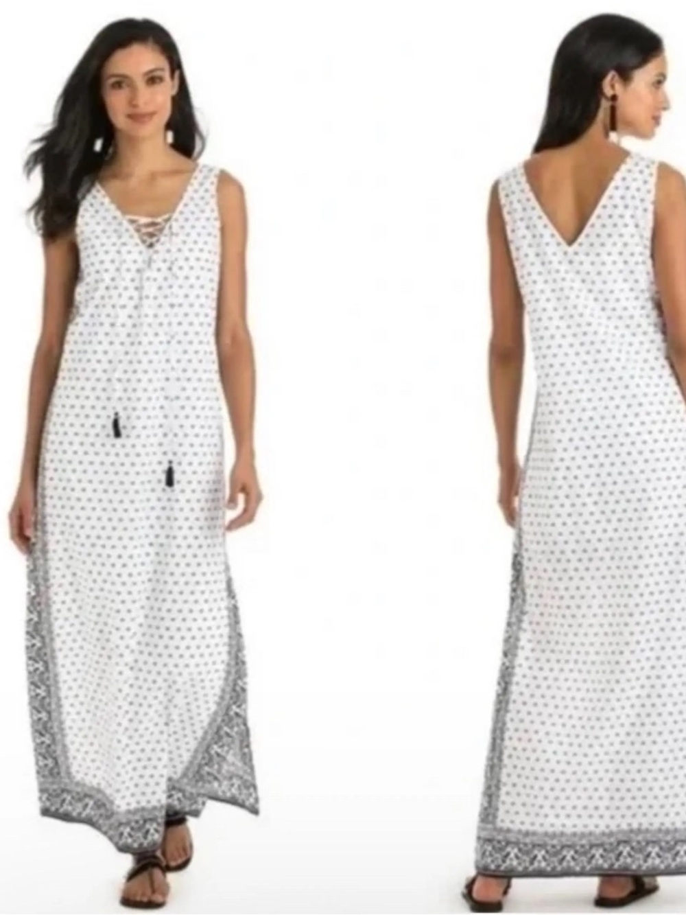 Vineyard vines Sleeveless Lace-Up Maxi Dress in White with Navy Print